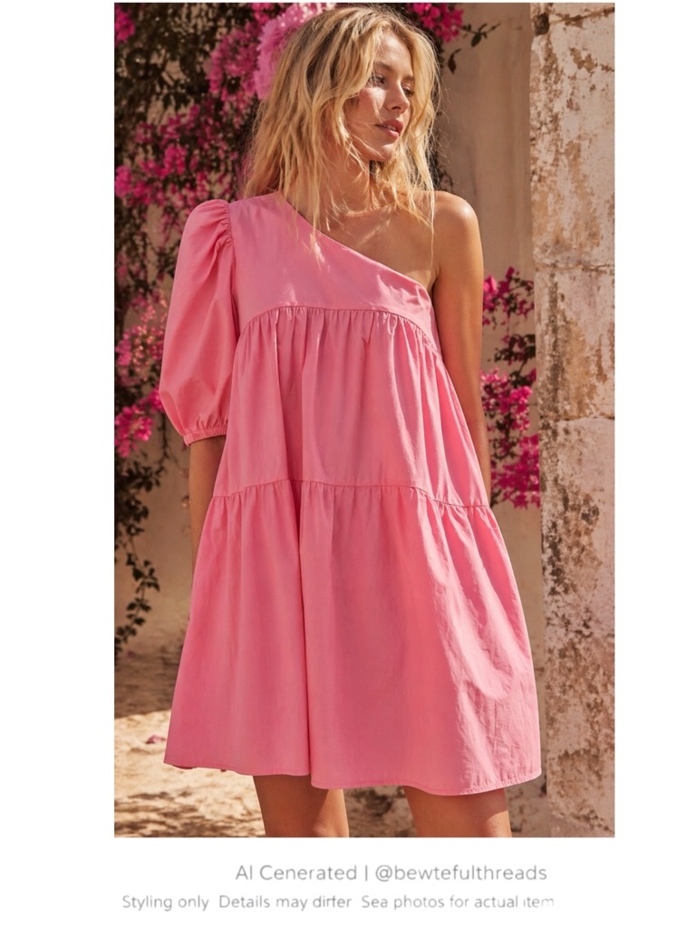 Romantic Cottagecore One Shoulder Puff Sleeve Dress Pink Tiered